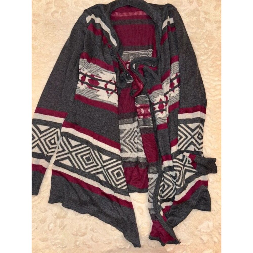 Women’s Staccato Aztec Geometric Open Front Cardigan Sweater Charcoal Burgundy M